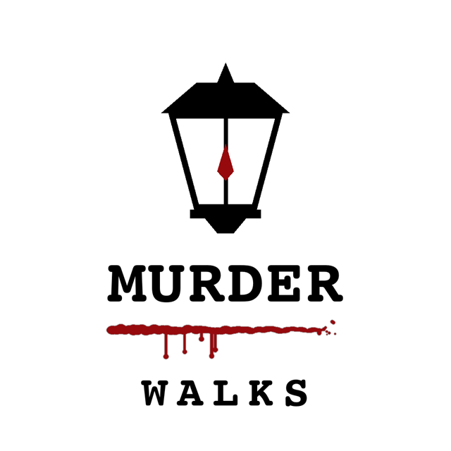 Murder Walks logo: a Victorian street lantern with a blood-red flame above the words Murder Walks