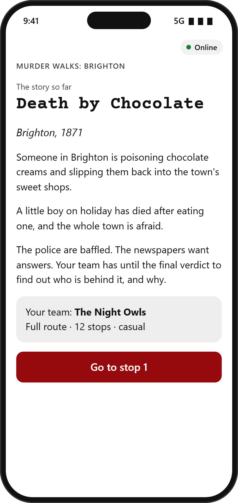 Phone screen: the start of Death by Chocolate, Brighton 1871, with the story so far and a Go to stop 1 button